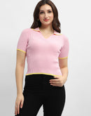 Madame Polo Neck Pink Ribbed T-shirt
