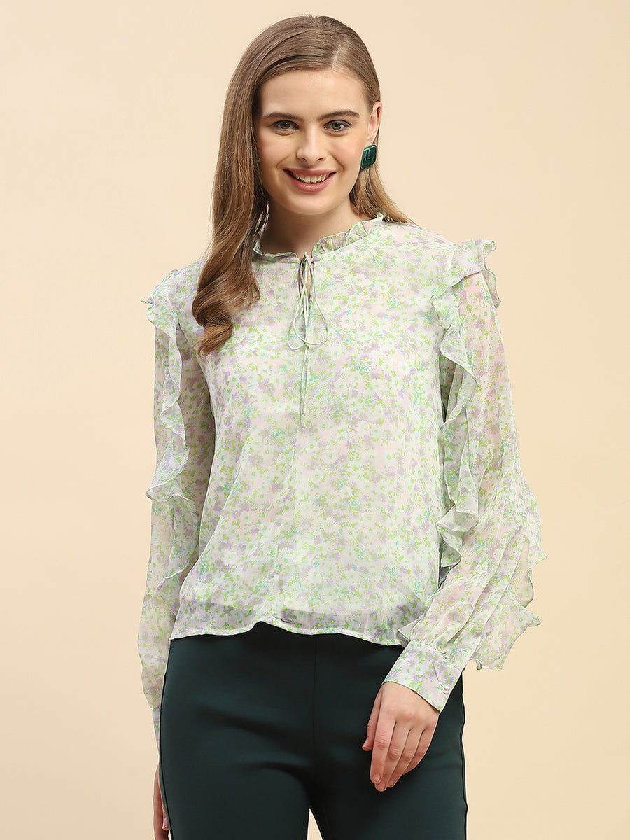 Camla Barcelona Ruffle Detailed White Floral Top