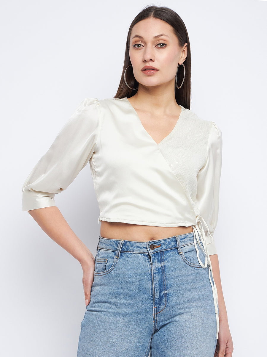 Madame Surplice Neck Ivory White Sequinned Top