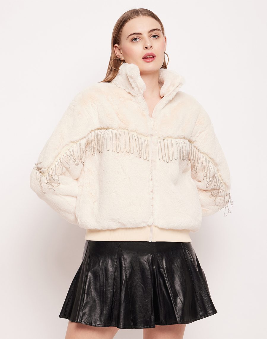 Camla Barcelona Fringe Adorned Off-White Sweatshirt