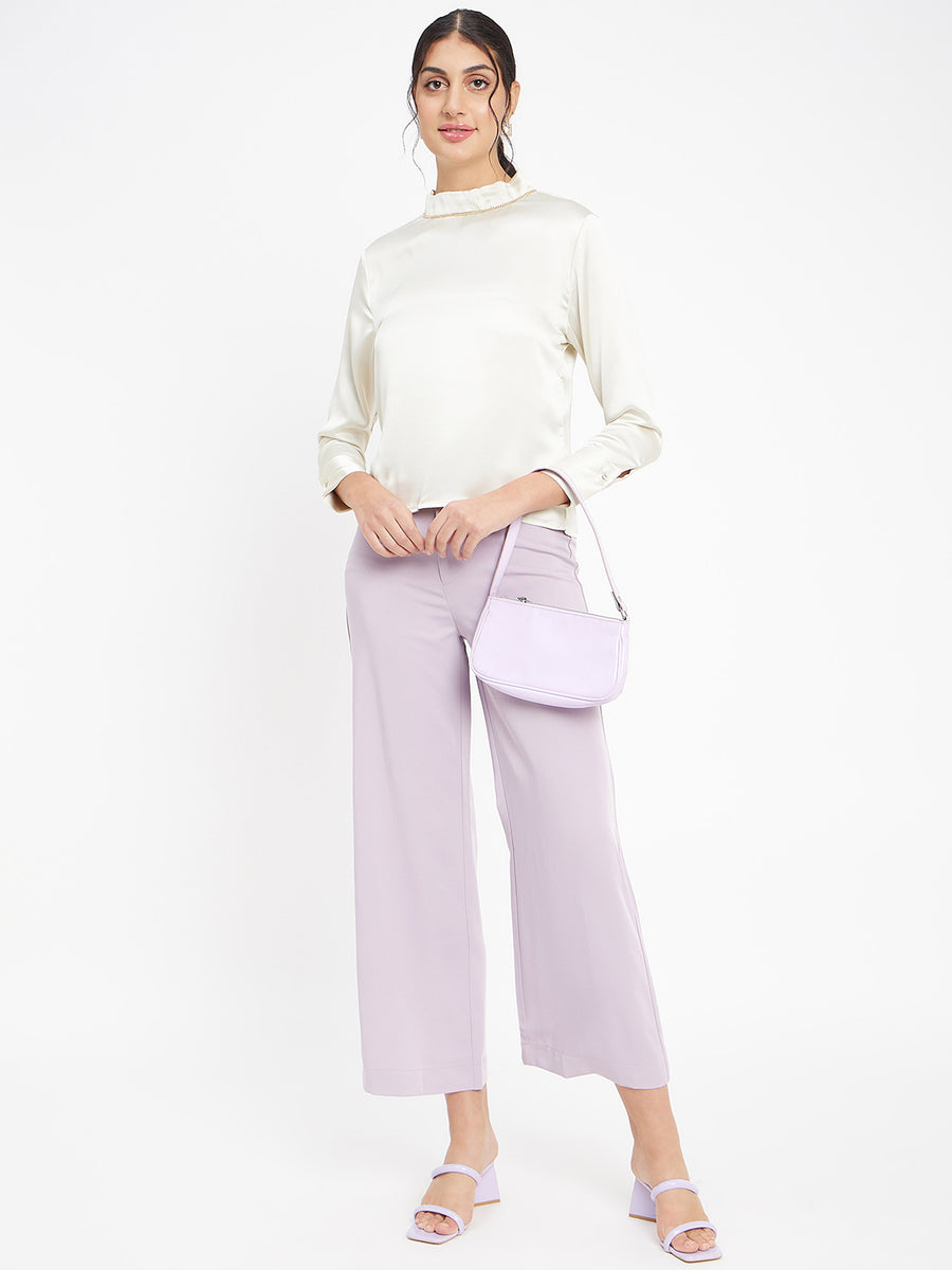 Madame White Solid High Neck Top