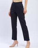 Madame Solid Navy Blue Straight Fit Trousers