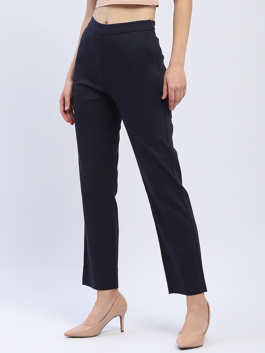 Madame Solid Navy Blue Straight Fit Trousers