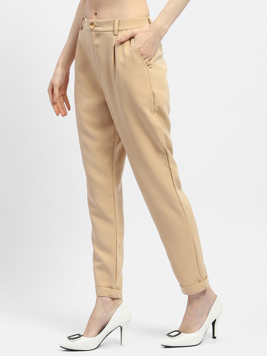Madame Solid Beige Tapered Trousers