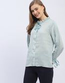 Madame Tie-Up Neck Blue Geometric Print Shirt