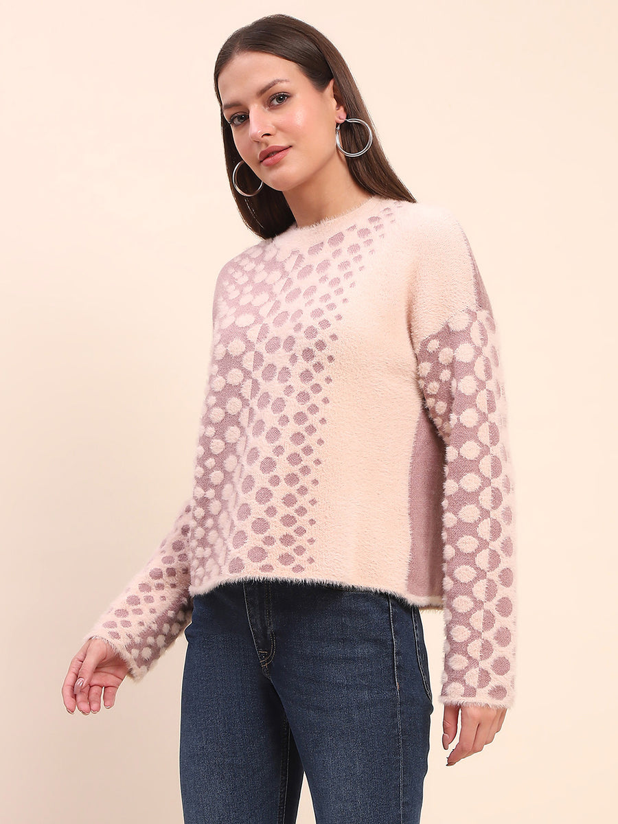 Camla Barcelona Nylon Blend Self Design Peach Sweater