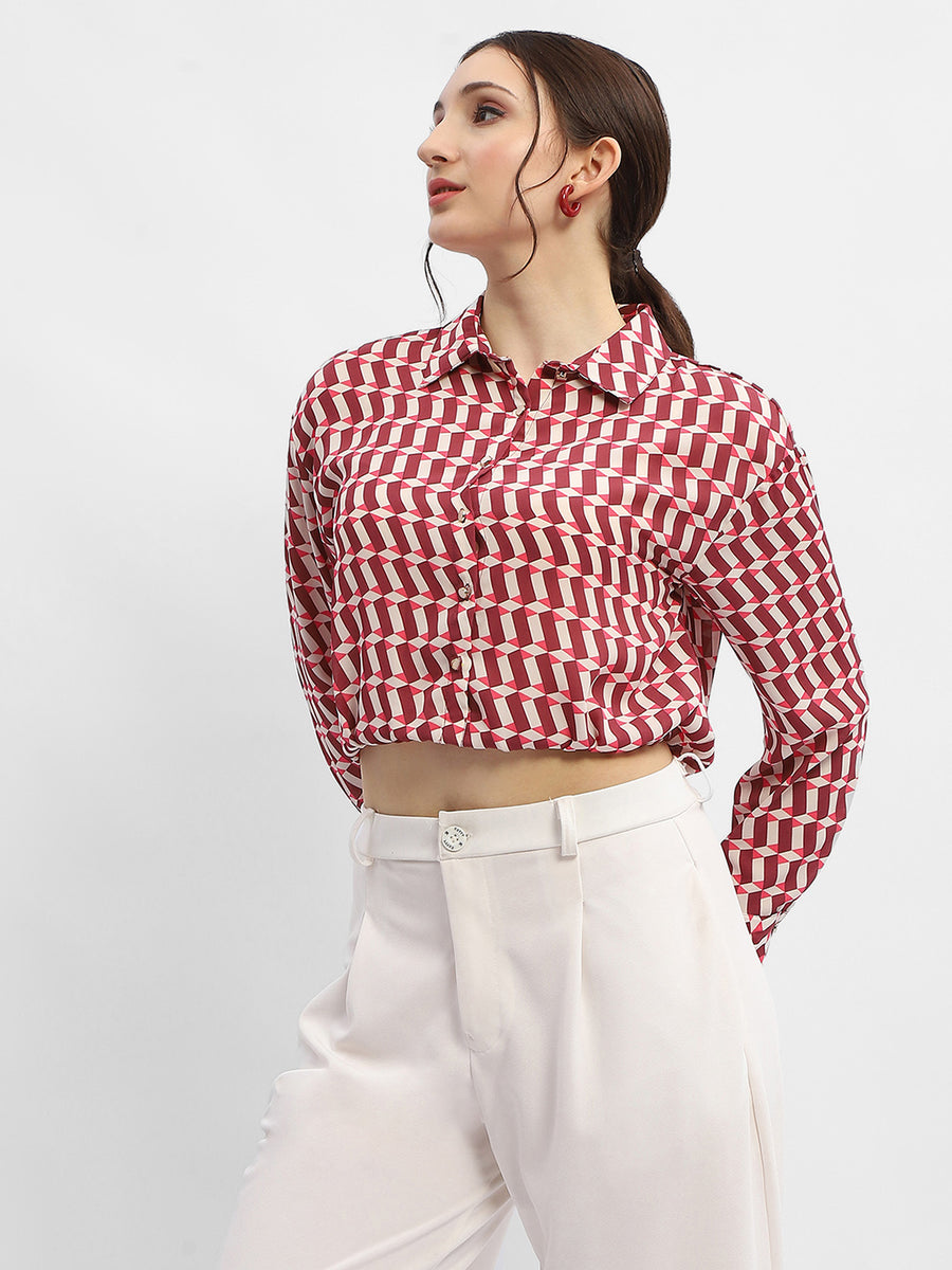 Madame Geometric Print Maroon Crop Shirt