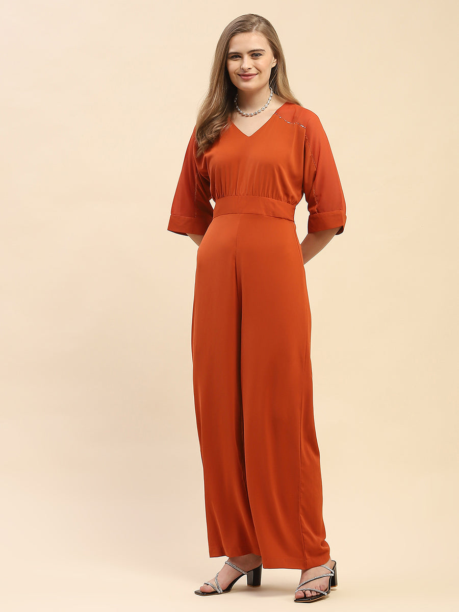 Camla Barcelona Solid Orange V-Neck Jumpsuit