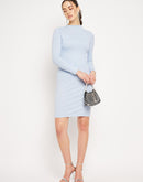 Camla Barcelona Mock Neck Powder Blue Ribbed Bodycon Dress