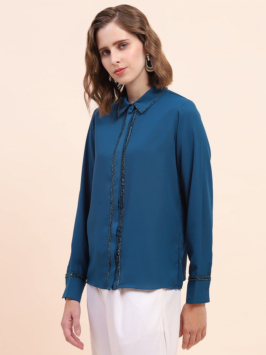Camla Barcelona Embellished Marinetal Teal Regular Shirt
