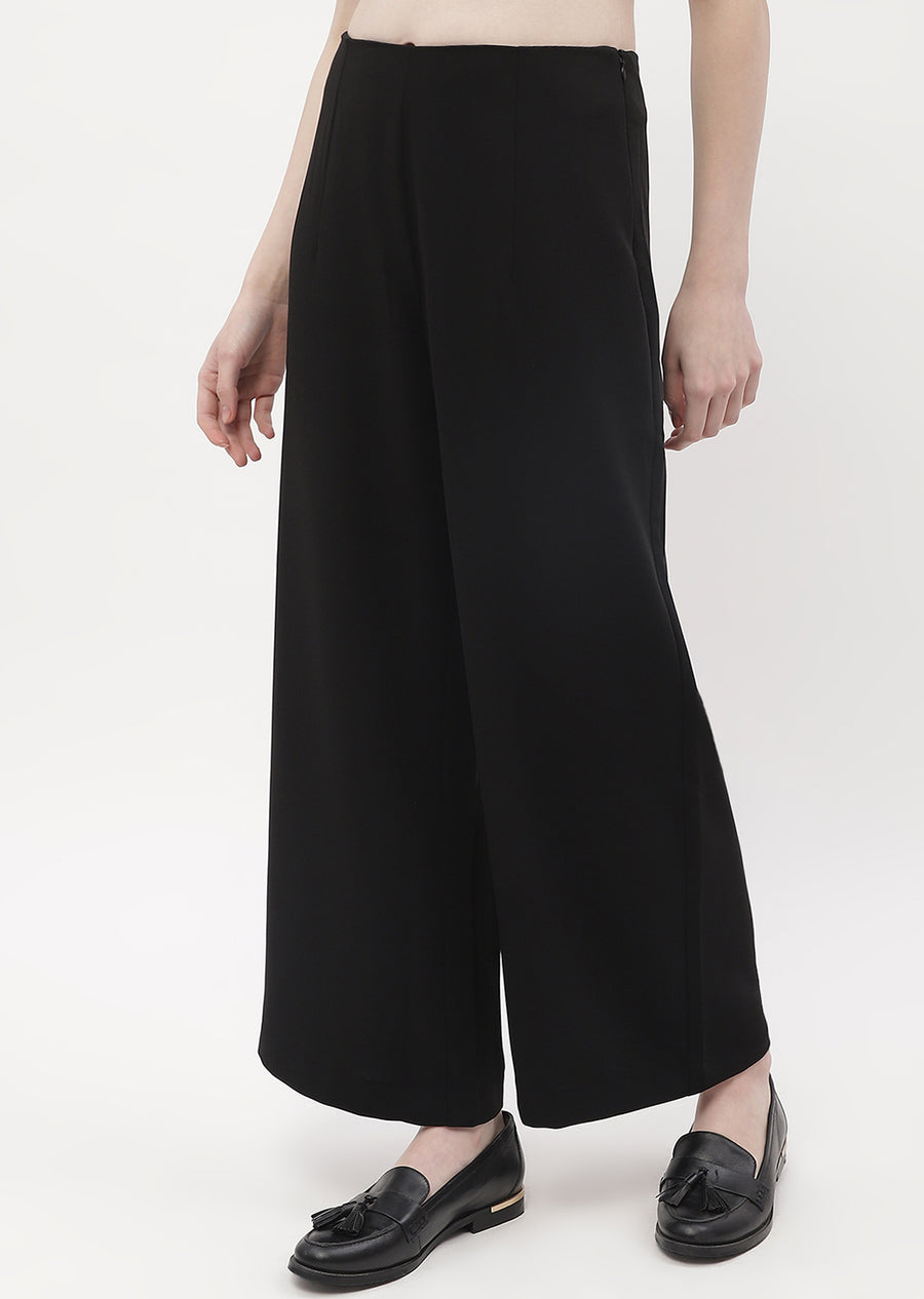 Madame Solid Black Wide Leg Trousers