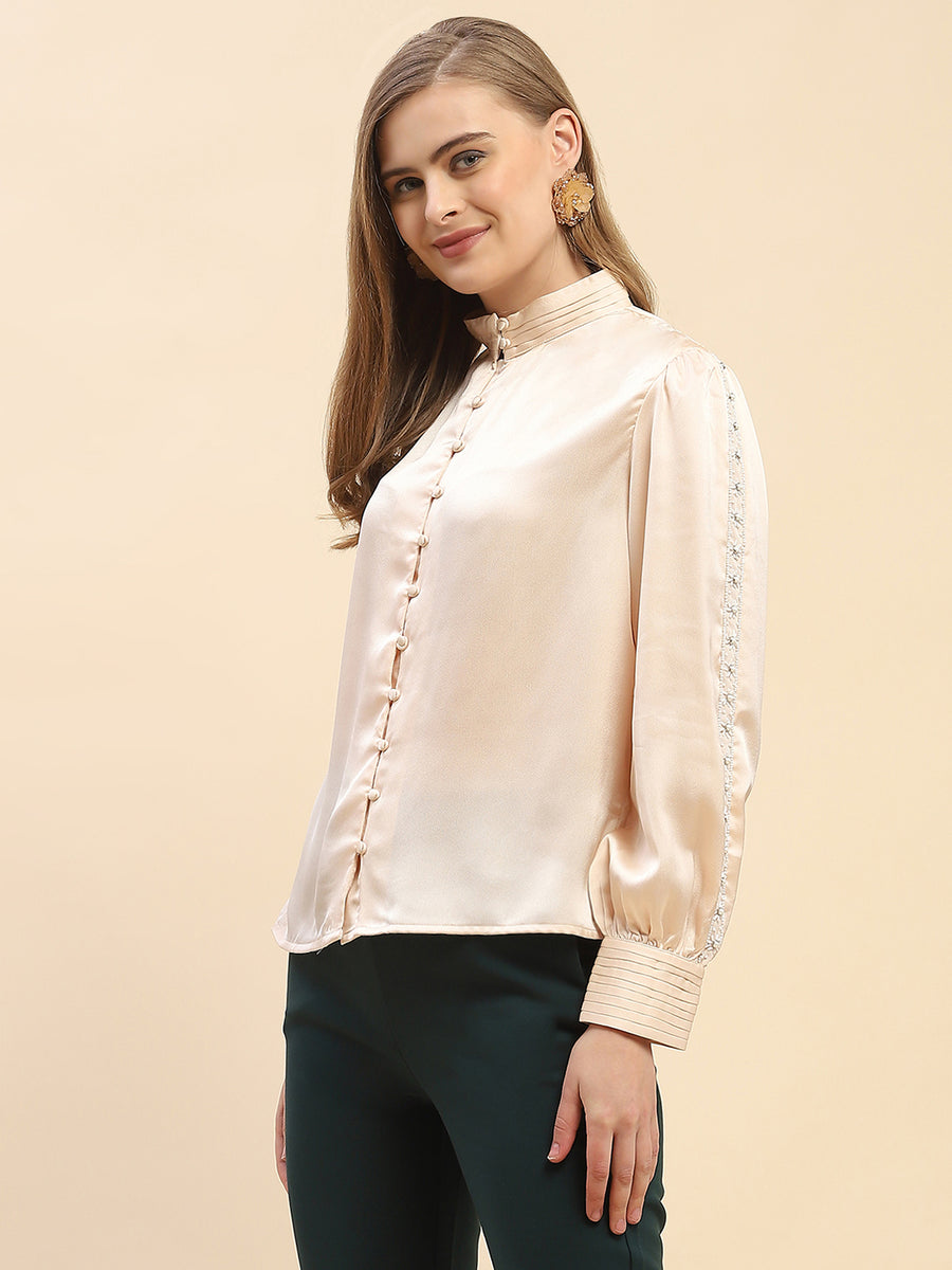 Camla Barcelona Embellished Beige Satin Top