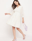 Madame Solid White Schiffli Fit and Flare Dress