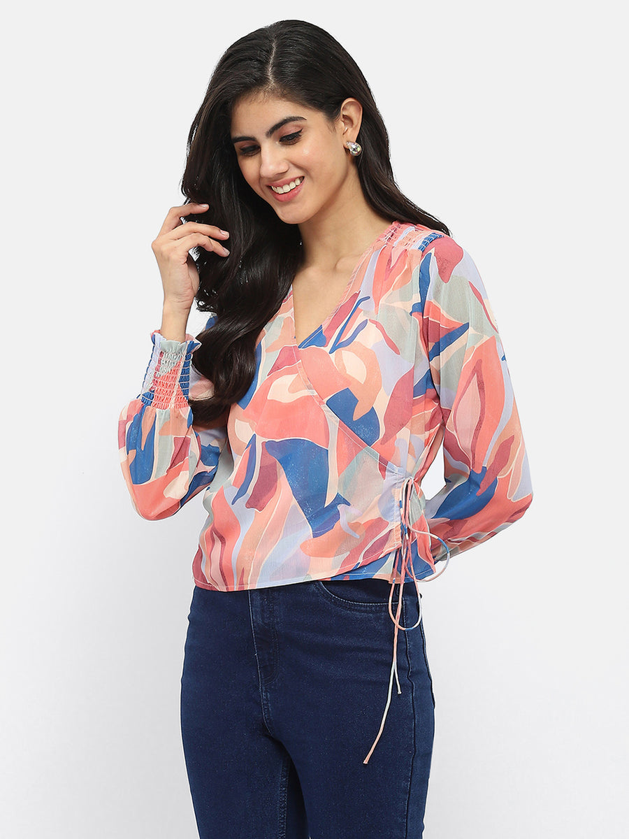 Madame Abstract Print Multicolour Tie Knot Wrap Top