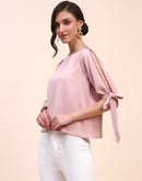 Camla Barcelona Tie Detailed Crew Neck Solid Peach Top
