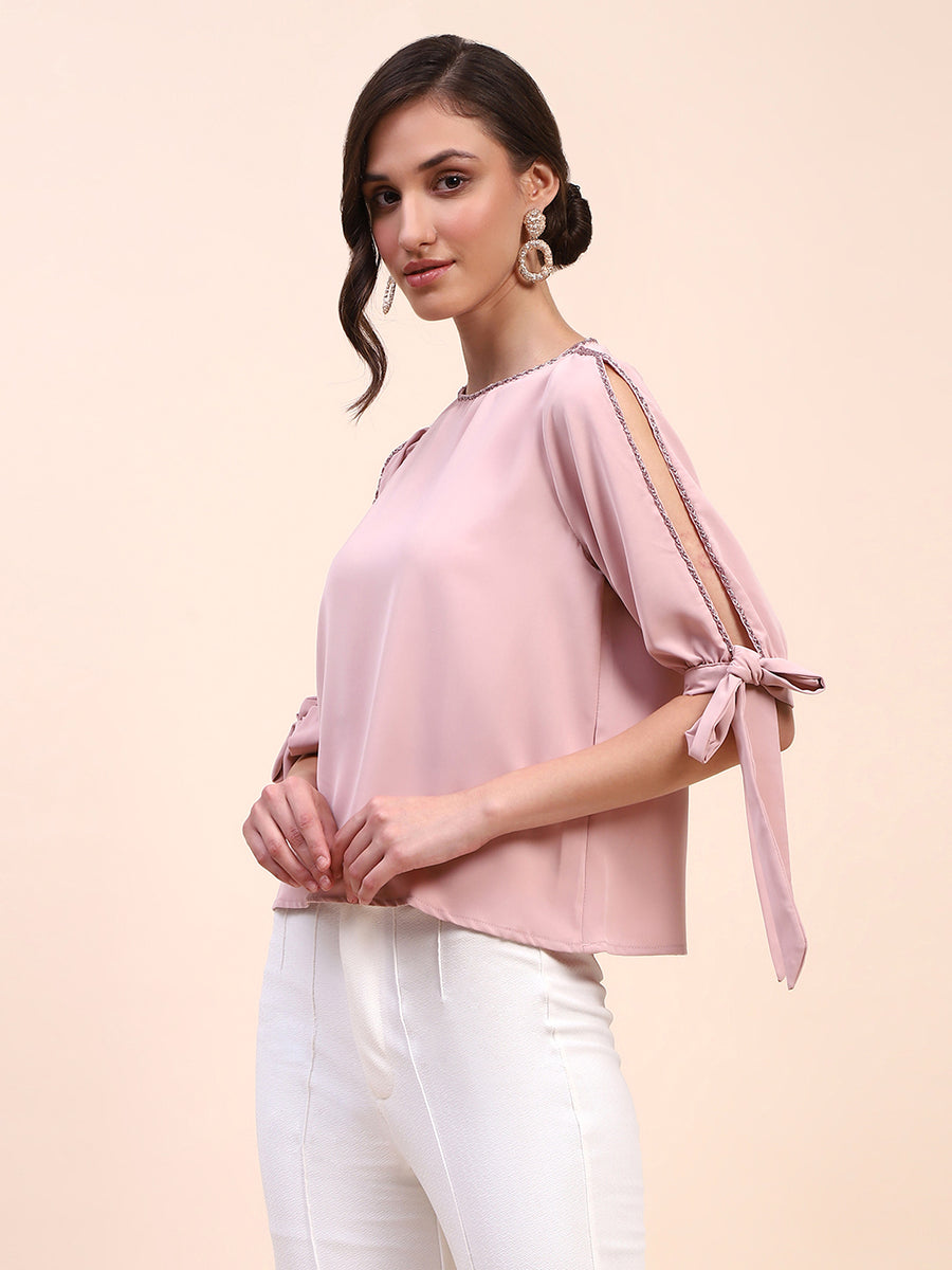 Camla Barcelona Tie Detailed Crew Neck Solid Peach Top