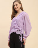 Camla Barcelona Ruffle Surplice Neck Lavender Wrap Top