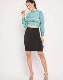 Camla Barcelona Peasent Sleeve Aqua Blue Cinched Waist Crop Top