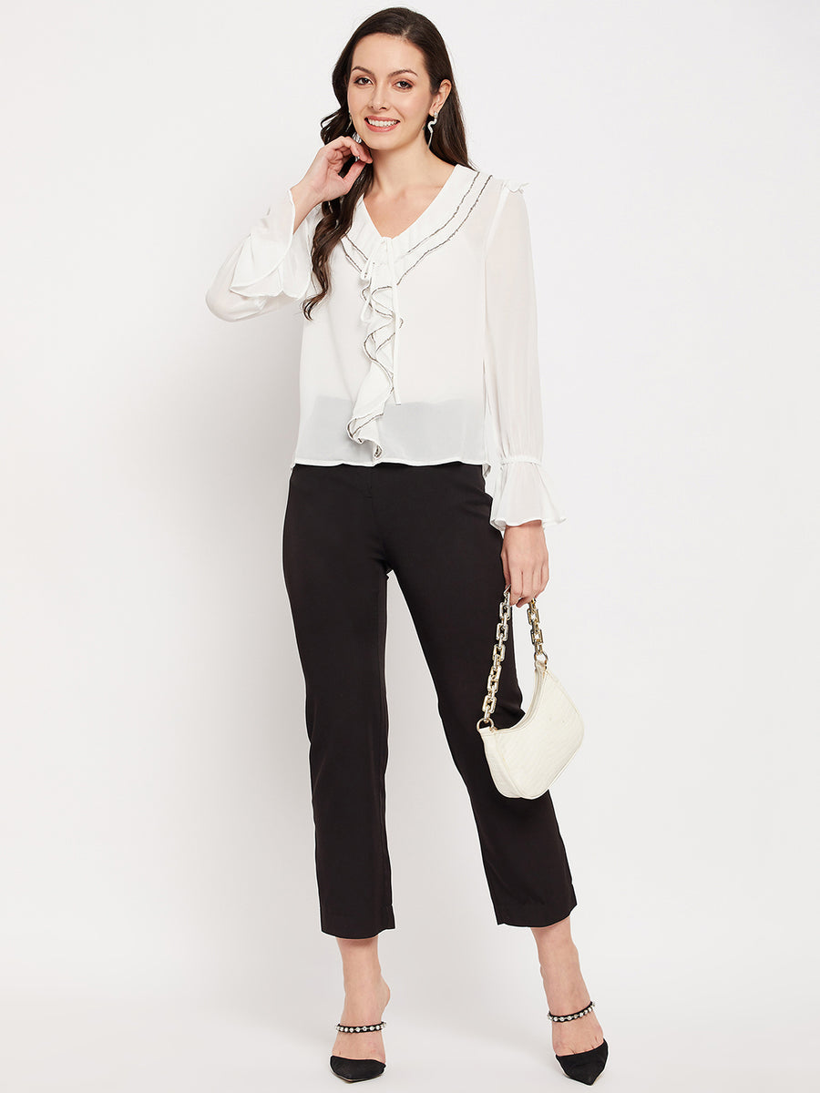 Camla Barcelona White Ruffled Embellished Bell Sleeves Top