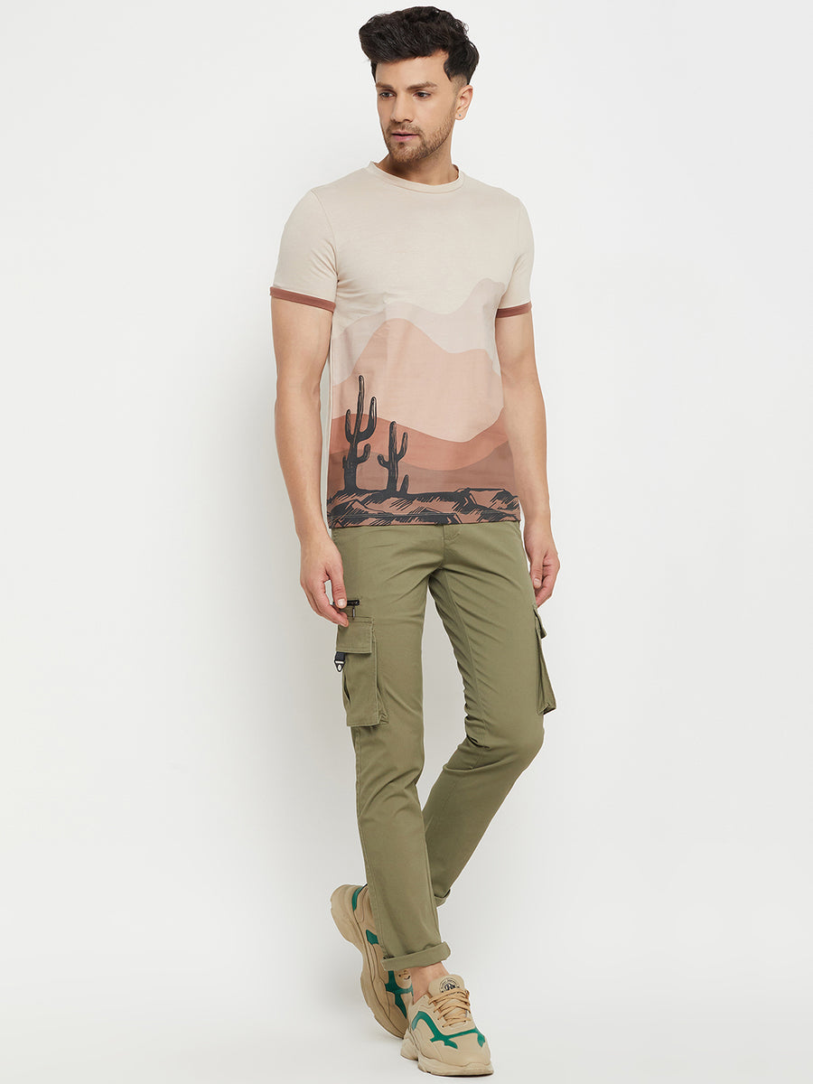 Camla Barcelona Men’S Scenery Print Beige T-Shirt
