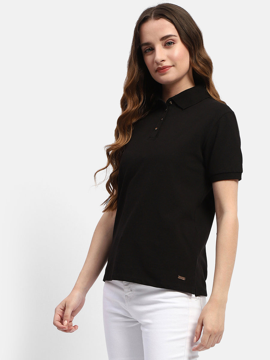 Madame Solid Black Polo Neck T-shirt