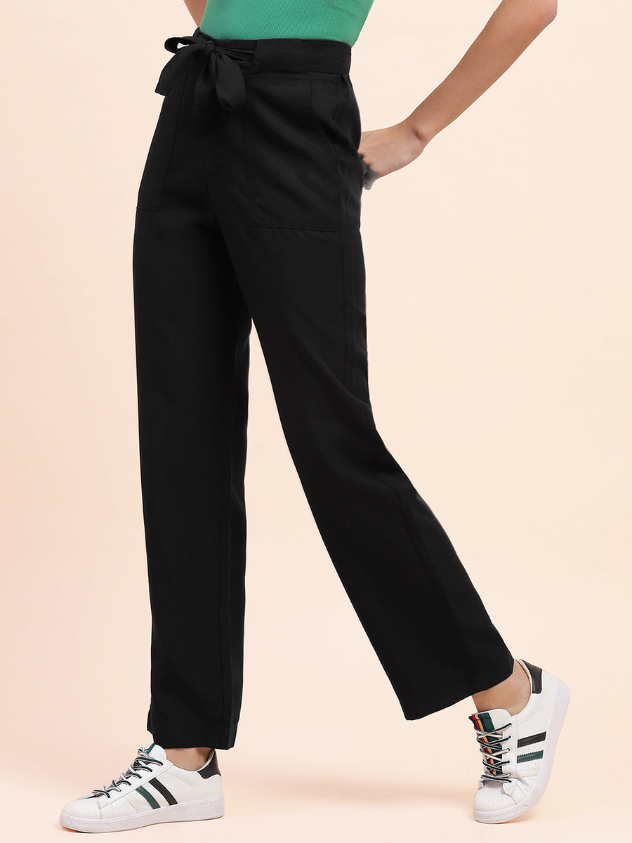 Camla Barcelona  Belted Waist Black Solid Trousers