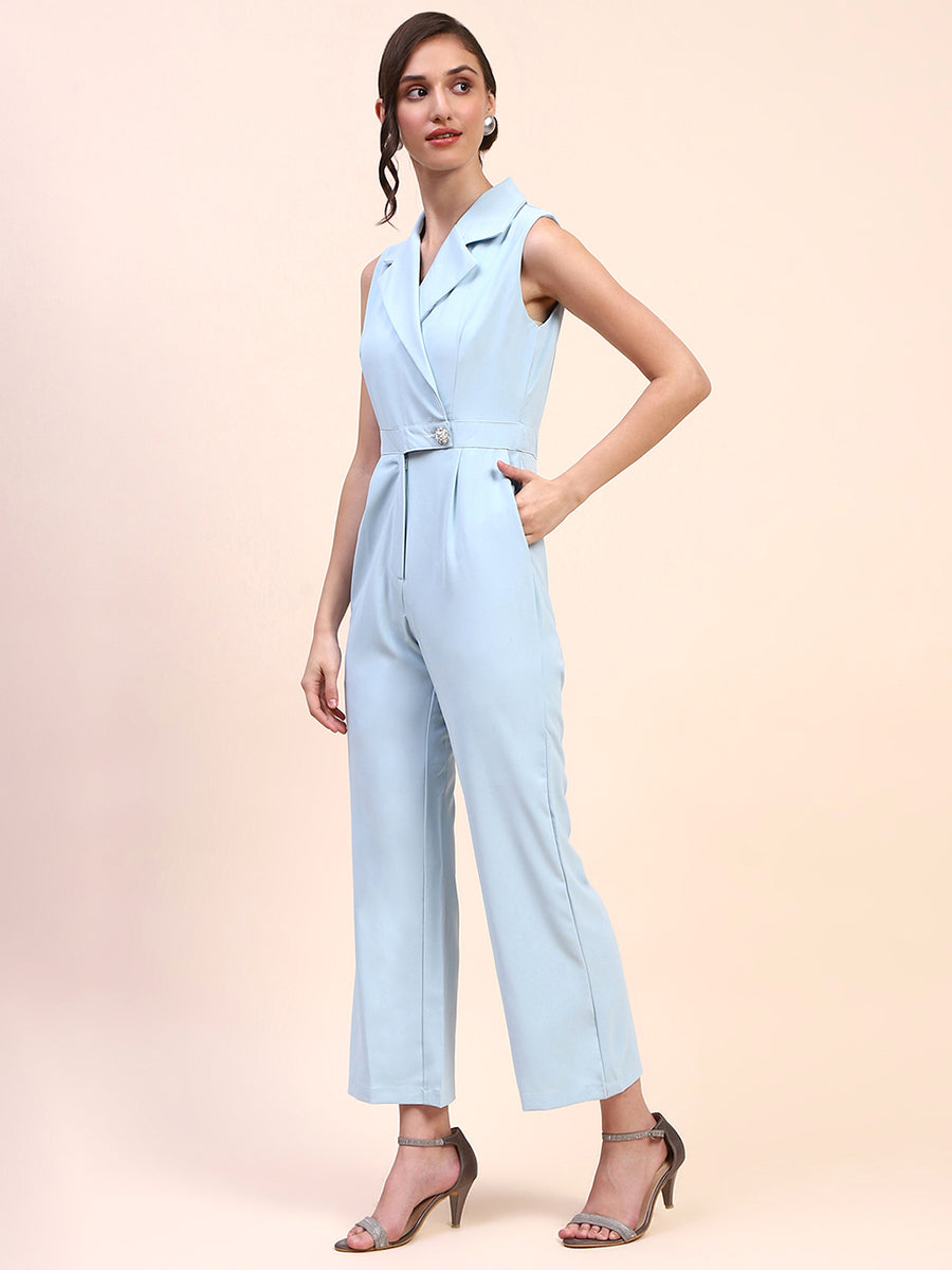 Camla Barcelona Notch Lapel Gurkha Belted Sky Blue Jumpsuit