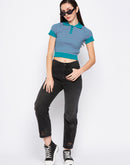 Camla Barcelona Teal Striped Collared Crop  Tshirt