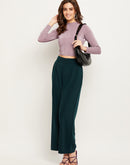 Camla Barcelona Pleated Wide Leg Bottle Green Trousers For Women