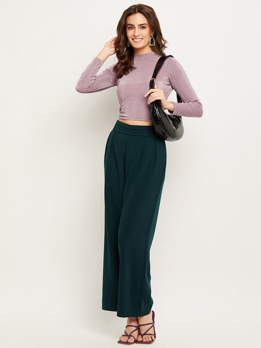 Camla Barcelona Pleated Wide Leg Bottle Green Trousers For Women