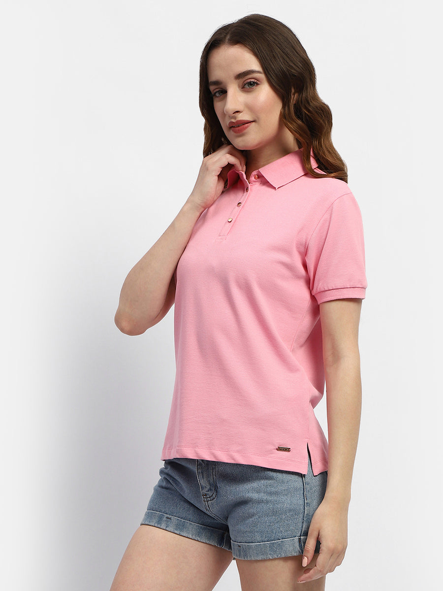 Madame Solid Pink Polo Neck T-shirt