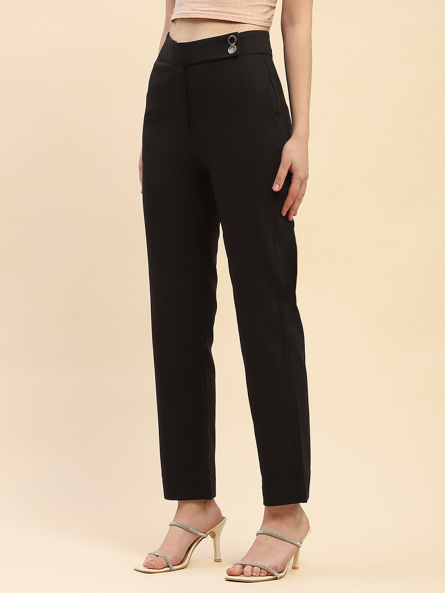 Camla Barcelona Solid Black Straight Fit Trouser