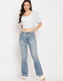 Camla Barcelona White Square Neckline Puffed Sleeves Crop Top