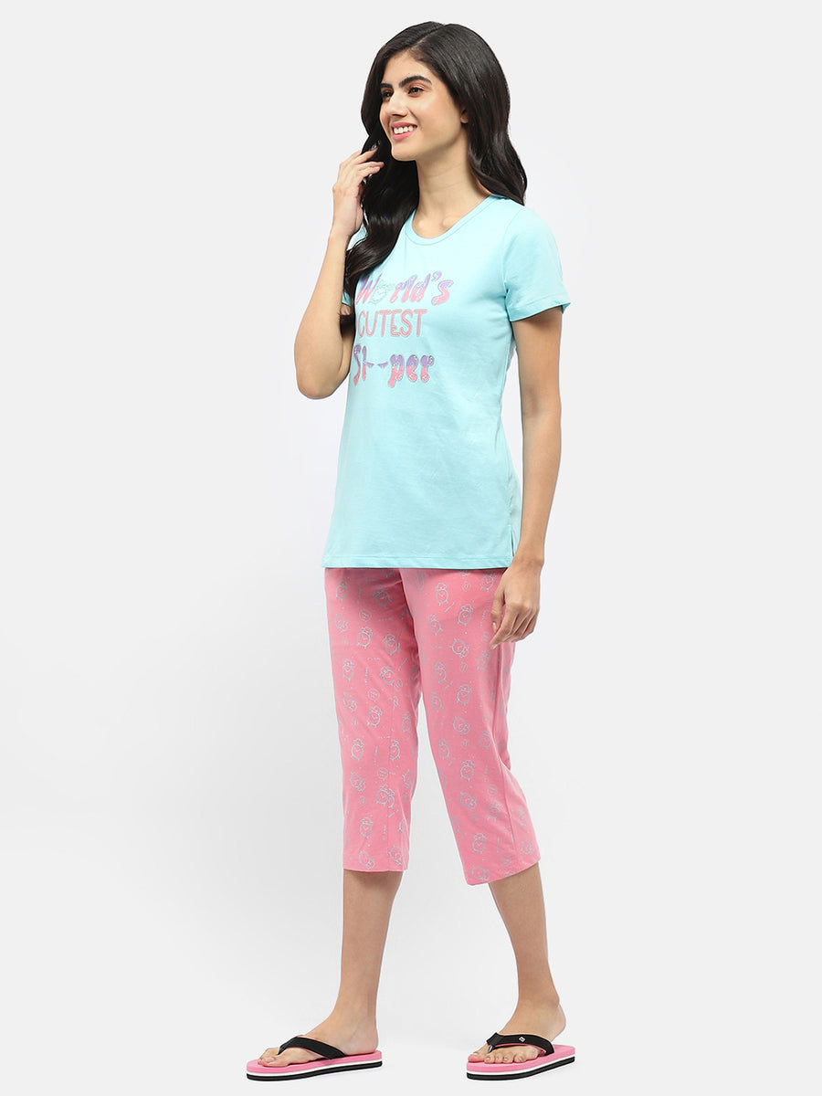 Msecret Graphic Print Aqua Blue and Pink Night Suit