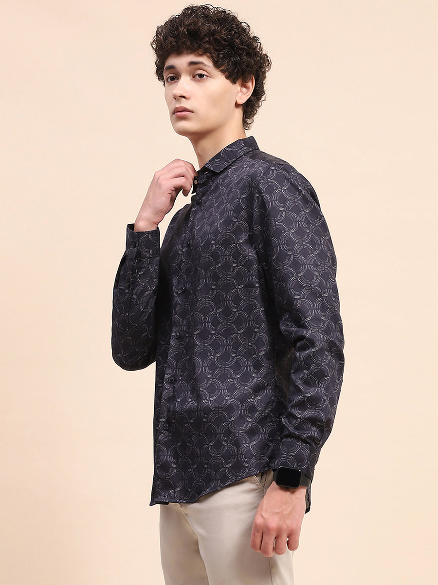 Camla Barcelona Printed Navy Blue Button Down Shirt