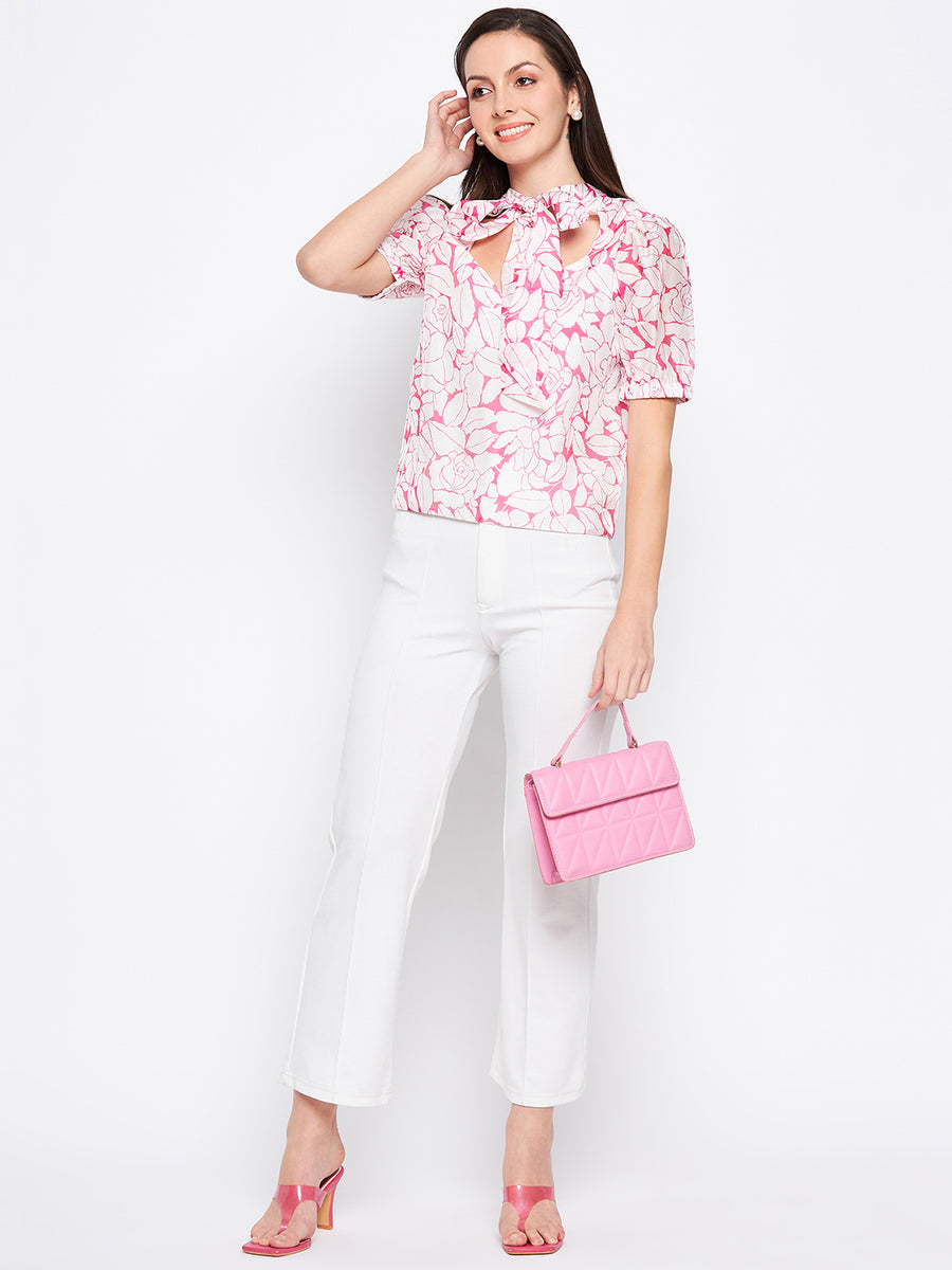 Camla Barcelona Bow Tie Floral Print Puffed Sleeves Top