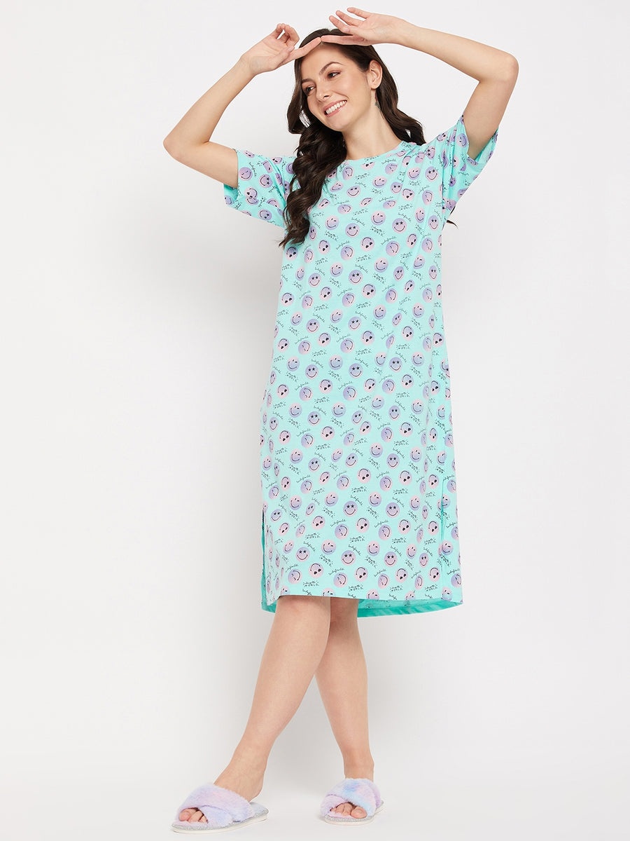 Msecret Aqua Printed Cotton  Mid-length Night  Dress