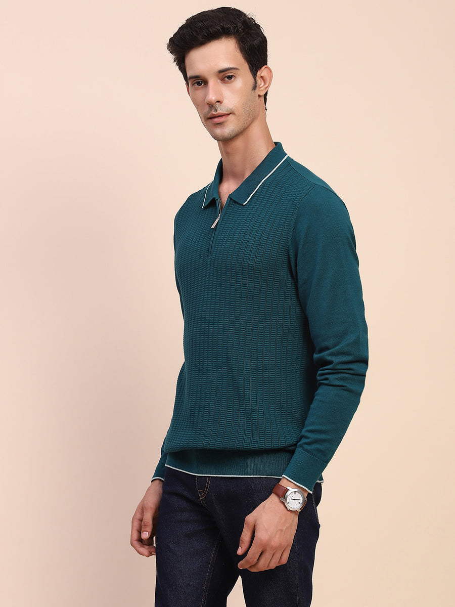 Camla Barcelona Polo Neck Teal Half Zip Cotton Knitted T-Shirt