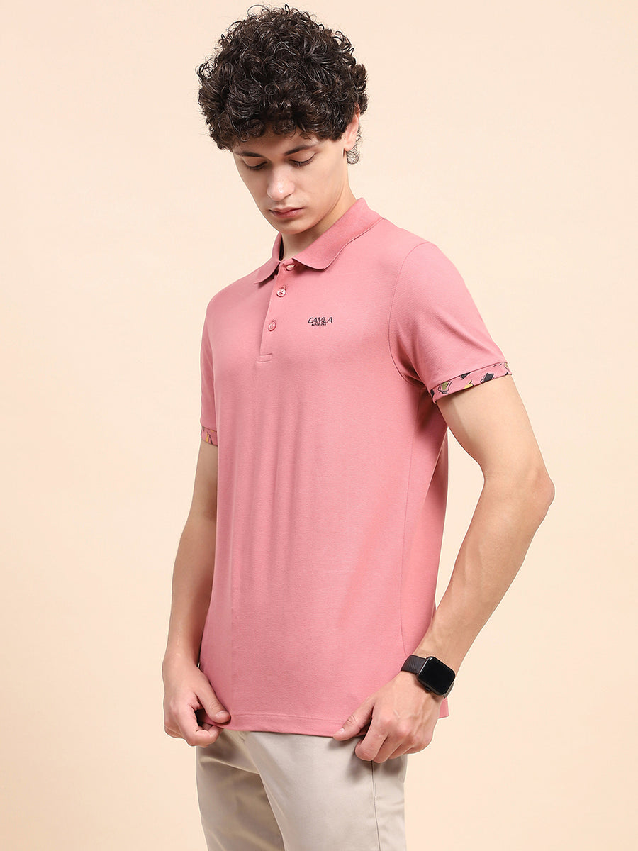 Camla Barcelona Solid Dusty Pink Polo Neck T-Shirt