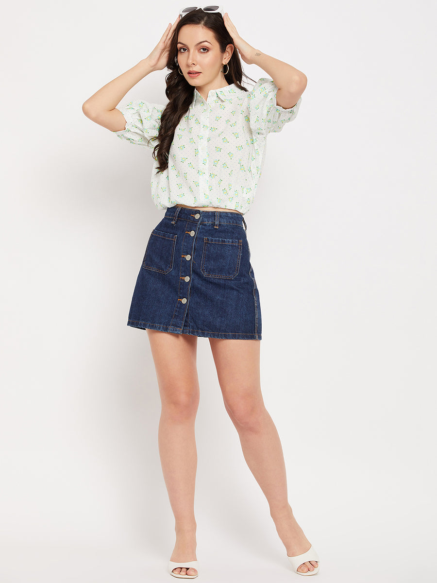 Camla Barcelona White Floral Puffed  Sleeves Printed Shirt