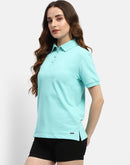 Madame Solid Aqua Blue Polo Neck T-shirt