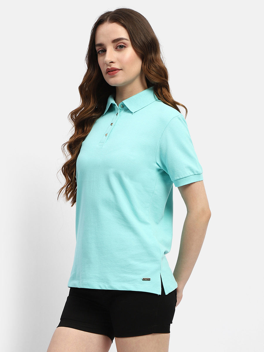 Madame Solid Aqua Blue Polo Neck T-shirt