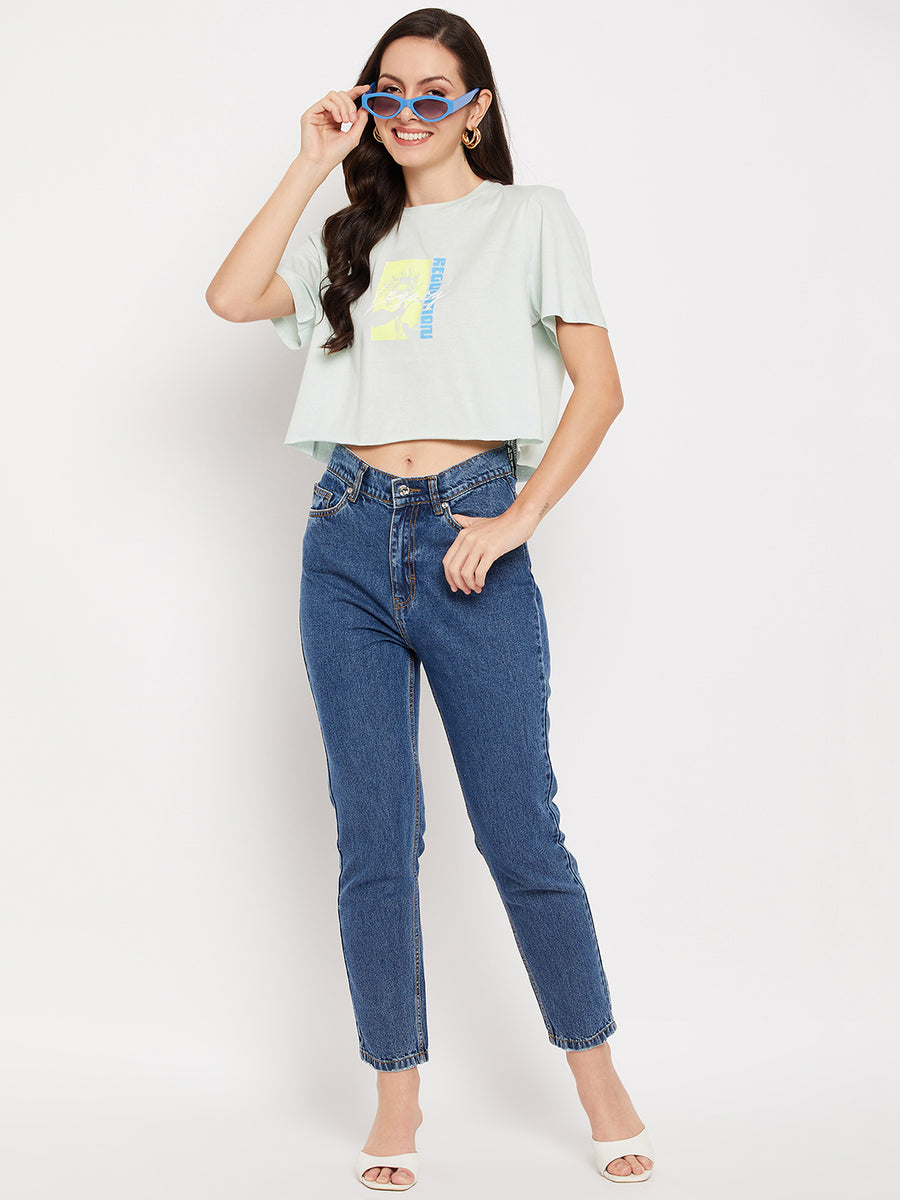 Camla Barcelona Mint Printed  Cotton Crop Tshirt