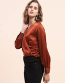 Camla Barcelona Cinched Waist Rust Surplice Neck Top