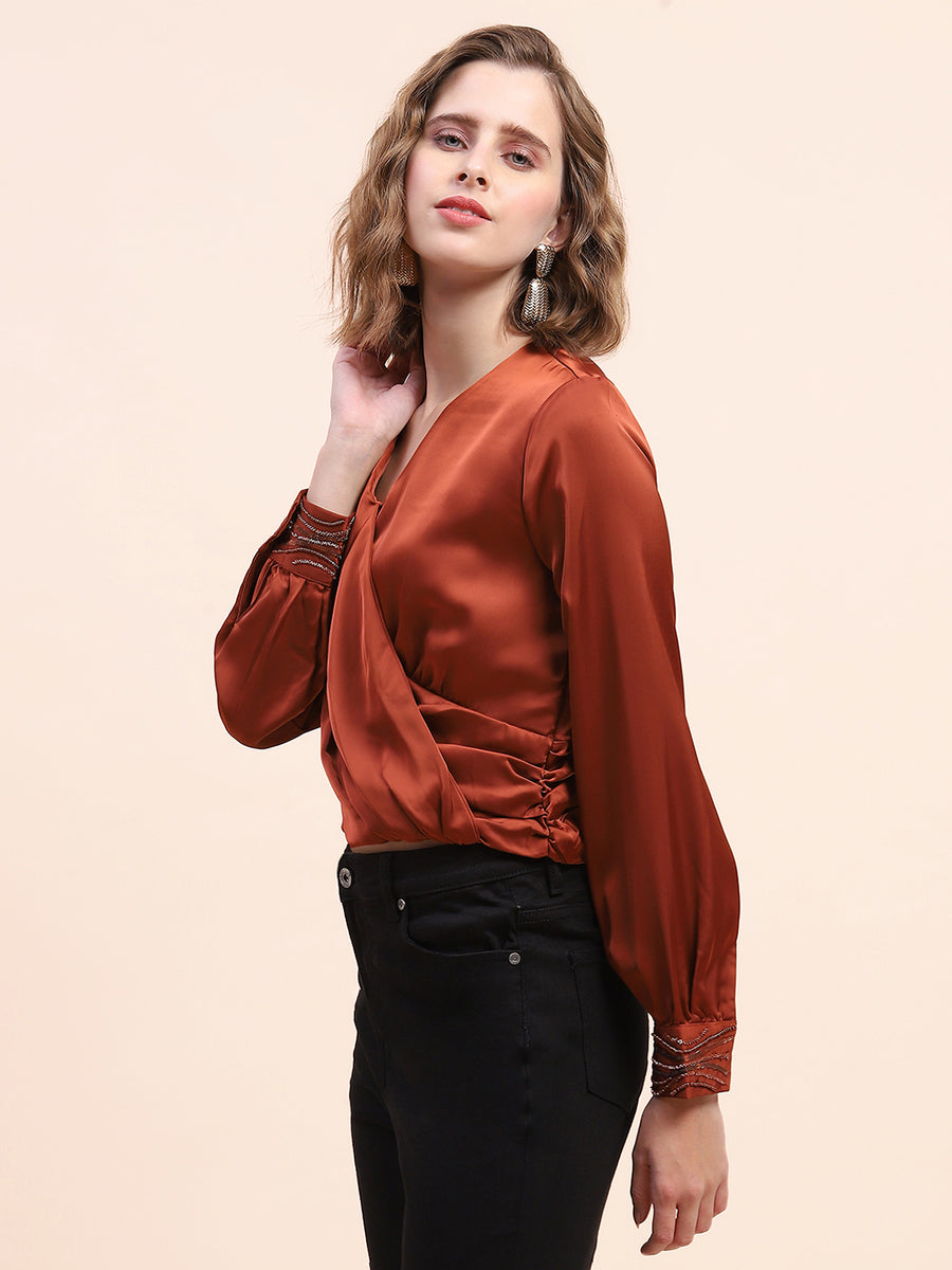 Camla Barcelona Cinched Waist Rust Surplice Neck Top