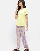 Msecret Typography T-shirt with Striped Pajama Lime Green Night Suit