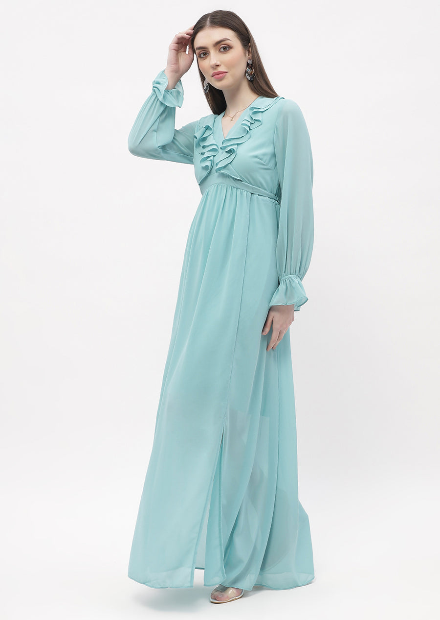Madame Poet Sleeve Sea Green Slit Maxi Dress