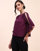 Camla Barcelona Tie Detailed Crew Neck Solid Wine Top