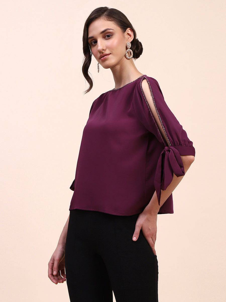 Camla Barcelona Tie Detailed Crew Neck Solid Wine Top
