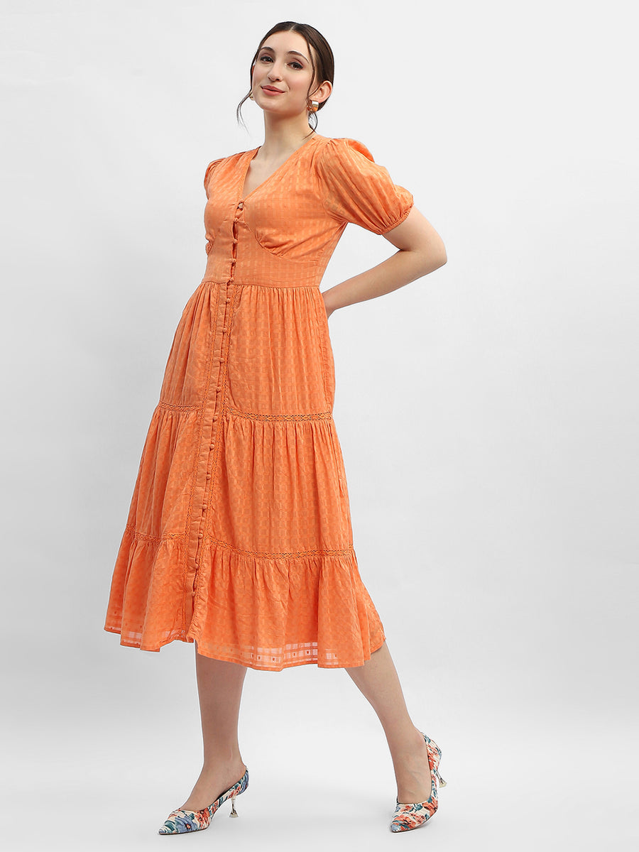Madame V-Neck Orange Tiered Maxi Dress